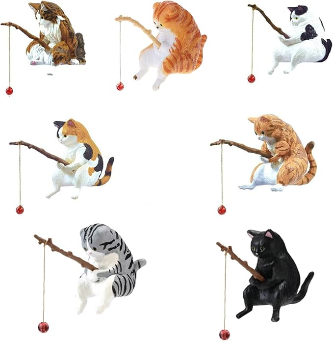 Yuly Fishing Cat Ornaments Mini Resin Figurine Cartoon Cat Statue for Home Office Aquarium Decoration