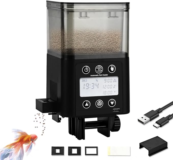 Podazz Automatic Fish Feeder for Aquarium with Timer, LCD Display 320ML Large Capacity Adjustable Fish Dispenser, Operated Feeders for Goldfish, Turtle for Vacation, Weekend or Daily Use(Black)