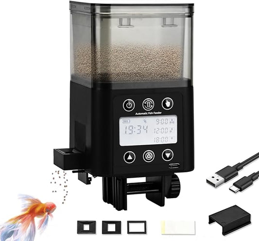 Podazz Automatic Fish Feeder for Aquarium with Timer, LCD Display 320ML Large Capacity Adjustable Fish Dispenser, Operated Feeders for Goldfish, Turtle for Vacation, Weekend or Daily Use(Black)