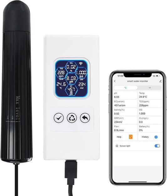 7-in-1 Wireless WiFi Water Quality Monitor, Smart Water Tester Measures pH/TDS/EC/ORP/Salinity/SG/Temp, Multi-Parameter Tester with Real-Time Alerts, Thermometer for Freshwater & Saltwater Aquarium