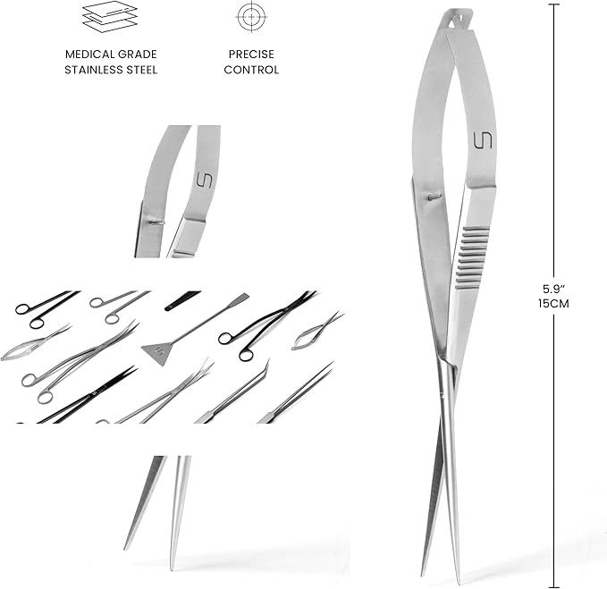 UNS Aquascaping Tools - Stainless Steel Rust Resistant Freshwater Planted Tank Saltwater Reef Aquarium Maintenance Accessory - Trimming Stem & Carpets, Coral Cutting - Straight Spring Scissors, Silver