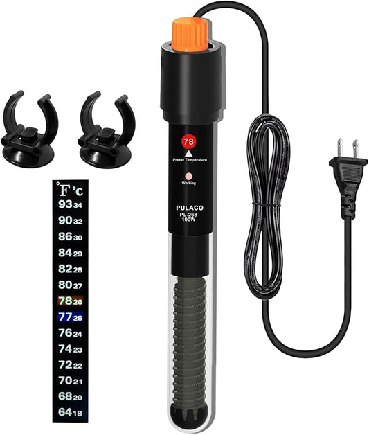 PULACO 100Watt Aquarium Heater for 15-25 Gallon Fish Tank, Adjustable Submersible Heater Thermostat with Thermometer Strip and Suction Cup