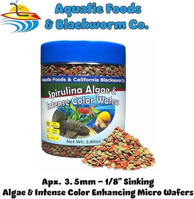 3.5mm - 1/8" Micro Sinking Wafers of Spirulina, Algae & Color Enhancing Wafers for Bottom Fish, Shrimp, Snails, Tropicals. 4-Type Wafer & 12-Type Pellets Included 6oz Canister