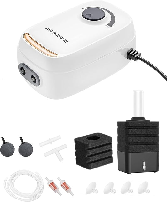 MoonOrange 3W/6W Aquarium Air Pump, Adjustable Aquarium Aerator with 2-Outlet, Super-Powerful & Quiet Oxygen Pump for Fish Tanks up to 100/200 Gallon with Full Accessories.(Upgrade Noise-Reduce)