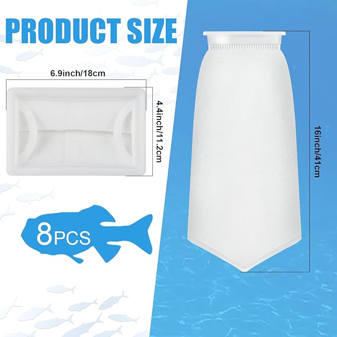 7 Inch Rectangle Filter Sock, 8 Pcs Saltwater Aquarium Filter Bags 300 μm Aquarium Filter Accessories for Saltwater Freshwater Fish Tank Filter