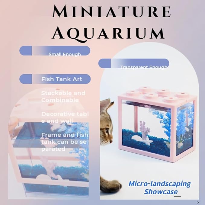 Small Betta Fish Tank, Mini Fish Tank Aquarium Tank Kit with Blue Gravel & Resin Decorations, 0.6 Gallon Stackable Fish Bowl Tiny Desktop Aquarium for Sea Monkey Shrimp