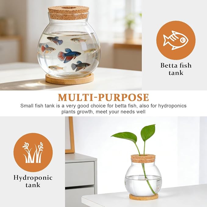 POPETPOP Desktop Glass Fish Bowl - Round Small Fish Tank with Wood Stopper & Bamboo Mat, Clear Glass Betta Fish Bowl for Succulent Plants, Hydroponic Air Plant (5.1X5.5 in)