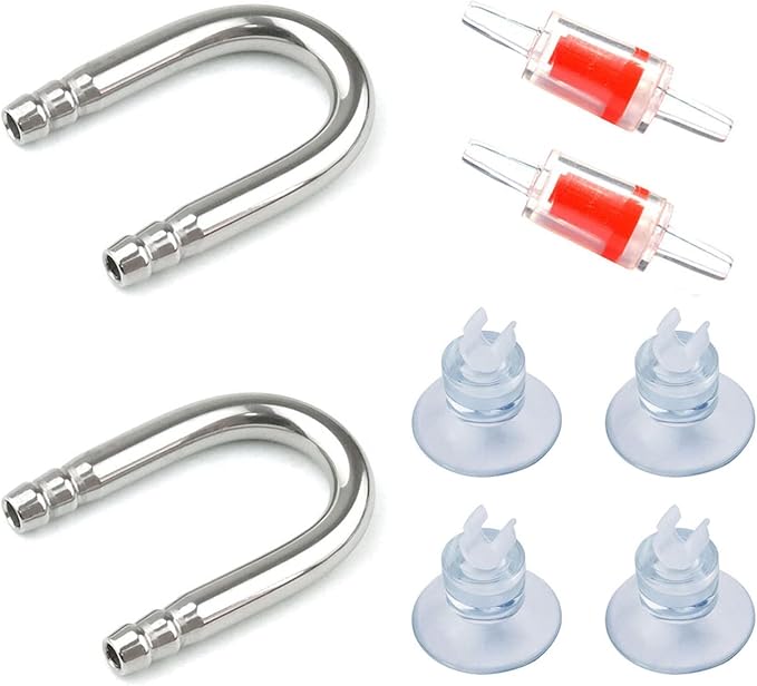 2 PCS Stainless Steel Fish Tank U Shape Pipe, 2 PCS Non-Return Check Valve, 4 PCS Suction Cup, for Aquarium Connecting Air Line