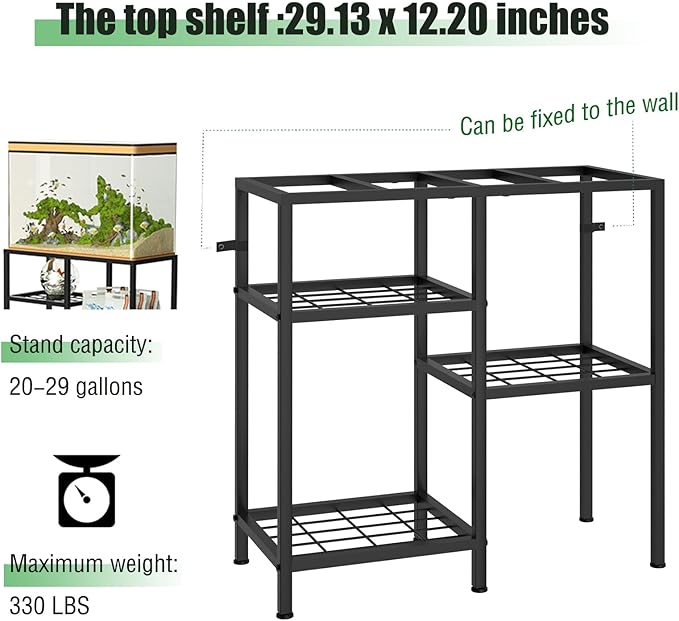 YBING Fish Tank Stand 20 Gallon Aquarium Stand Aquarium Turtle Tank Reptile Tank Stand with 3-Tier Small Metal Shelf Black