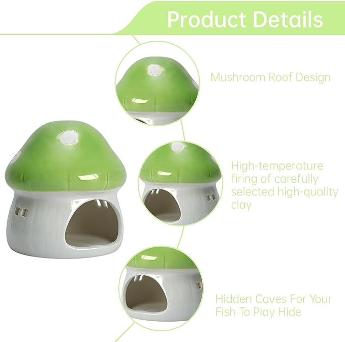 Saim Ceramics Mushroom House Aquarium Decor, Betta Fish Tank Accessories Landscape Decoration, Small Shrimp Goldfishes Habitat Hut Pleco Smalland Breeding Hide Caves Toad House - Green