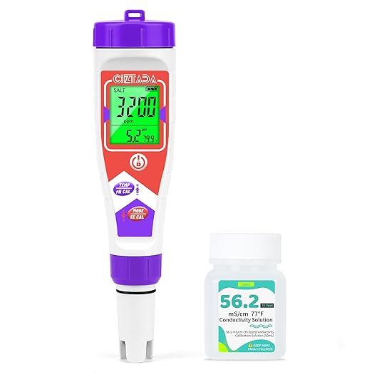 Pool Salt Tester for Swimming Pool Salinity Tester and pH Meter for Saltwater 5 in 1 Digital Salinity pH EC TDS Temp Meter with 35ppt Calibration Solution for Hot tub, Reef Aquarium, Koi Pond