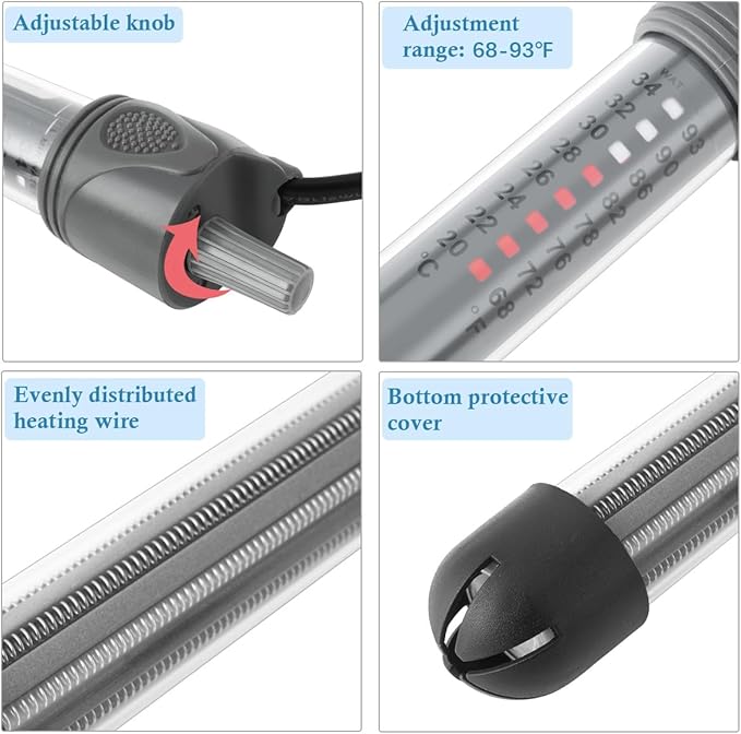 HITOP 50W Adjustable Aquarium Heater, Submersible Fish Tank Heater Thermostat with Suction Cups for 6-15Gal