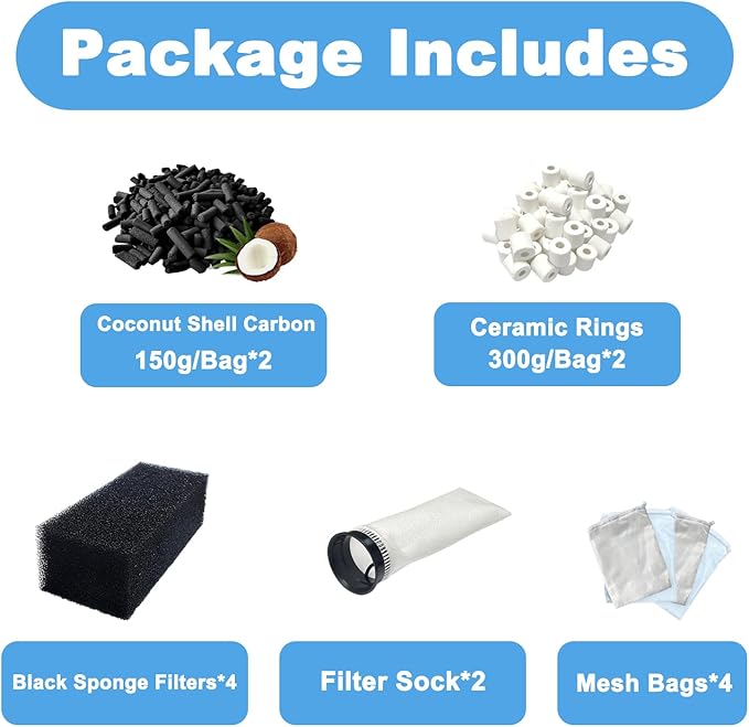 14-Pack Set Aquarium Filter Media Compatible with Waterbox AIO 10 Cube and AIO 15 Peninsula Aquarium Filter, Includes Filter Socks, Carbon Pellets, Ceramic Rings, Sponge Filters and Mesh Bags