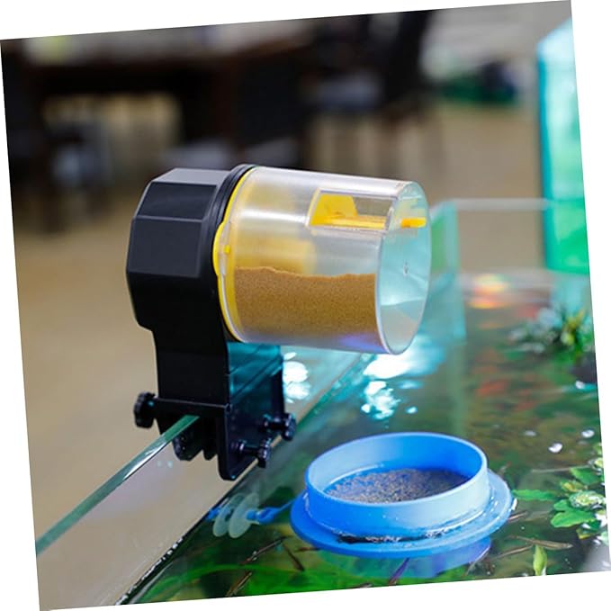 KALLORY Automatic Fish Feeder for Aquarium and Turtle Feeding, Adjustable Timer, Yellow Plastic, Suitable for Small Fish Tanks and Vacation Use, Battery Not Included