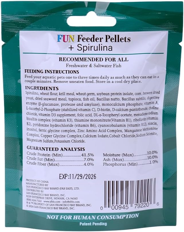 San Francisco Bay Brand Fish Food 0.7 oz - Fun Feeder Sinking Fish Food Pellets for Tropical Fish, Goldfish Food with Spirulina - 0.6-0.9mm Micro Pellets for Freshwater & Saltwater Fish, 20g