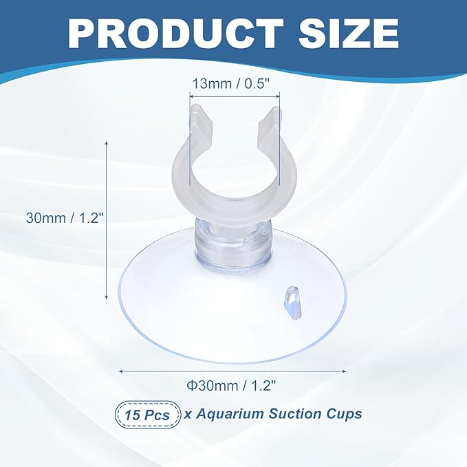 Aquarium Suction Cups, Fish Tank Suction Cups Clips Airline Tube Holders Clamps (Plastic, 15Pcs, Clear) for 0.5" Fish Tank Airline Tubing Binding Moss Shrimp Nest, 13x30MM