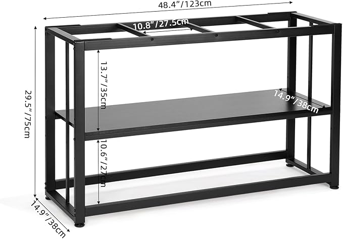 VOWNER 55-75 Gallon Fish Tank Stand - Metal Aquarium Stand, 48.4" x 14.9" x 29.5" Heavy Duty Reptile Tank Stand, Adjustable 2-Tier Fish Tank Rack Shelf for Home Office, Tank not Included, Black