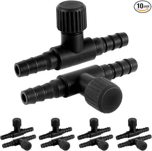 Psyqtsuary Aquarium Air Valve, 10 Pcs Aquarium Air Pump Control Valves T Shaped Single Way Plastic Air Flow Control Regulator Aquarium Air Pump Accessories for Fish Tank 3/16" ID Tubing (Black)