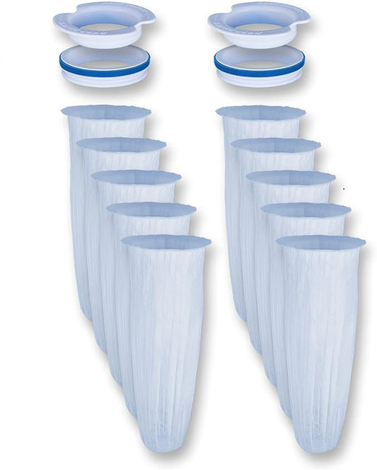 Disposable Filter Socks, Replaces Standard 4" Felt Socks, Freshwater and Saltwater Compatible, Starter Kit Includes 2ea Flange Assemblies & 10ea Filter Elements