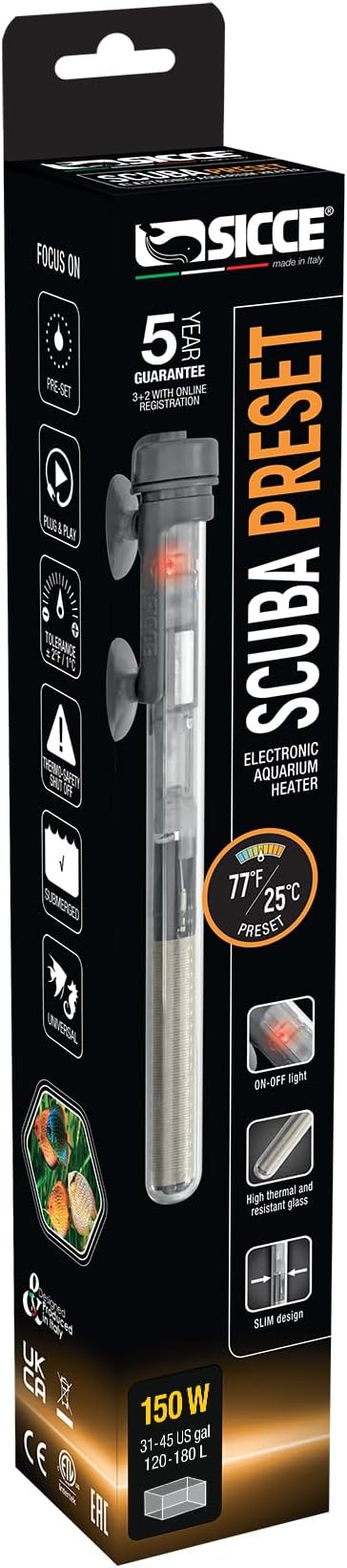 Sicce Scuba 150 Watt Aquarium Fish Tank Heater Preset at 77℉ for Up to 45 Gallons | 150W Submersible for Marine Saltwater and Freshwater | Run Dry Protection