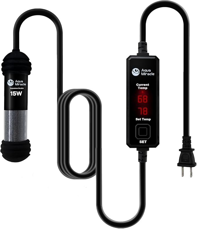 AquaMiracle Upgraded 15W Small Aquarium Heater Fish Tank Heater Turtle Heater Super Mini Aquarium Heater, Dry-Run/Overheating Protection and Memory Function, Dual LED Display, for 1-3 Gal Tanks