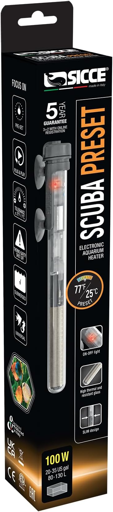 Sicce Scuba 100 Watt Aquarium Fish Tank Heater Preset at 77℉ for Up to 35 Gallons | 100W Submersible for Marine Saltwater and Freshwater | Run Dry Protection