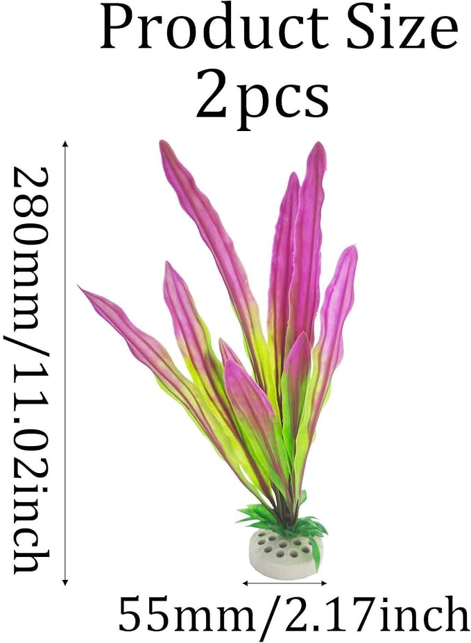 2PCS 11 Inches Tall Purple Green Seaweed Grass Artificial Aquarium Plants, Plastic Fish Tank Decorations for Freshwater and Saltwater Tanks