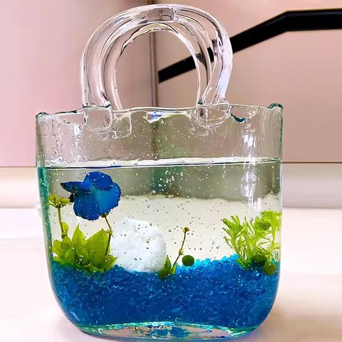 Open Glass Aquarium, Handbag Shaped Fish Tank, Special Shaped Transparent Betta Fish Tank, 2 in 1 Vase & Aquarium Container, Living Room Vase Decorations, Modern Aquarium for Girls,Blue