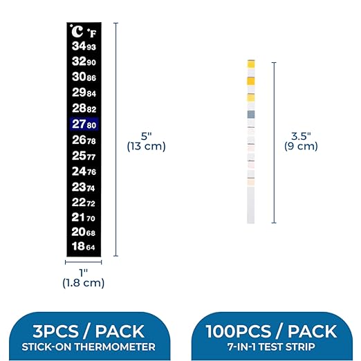 SunGrow Test Kit for Aquarium, Accurate Water Quality Monitoring, Essential Tool for Fish Keepers and Tank Maintenance, 1 Bottle with 100 Strips & 3-Piece Sticker Thermometer, 1 Set Per Pack