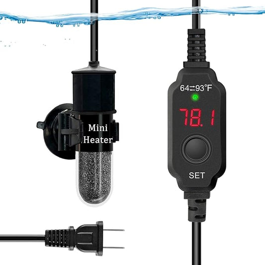 Mini Submersible Aquarium Heater, 10/20/25/50/100/150 Watts Adjustable Fish Tank Heater, Built-in Thermometer, External Temperature Controller, Smart Memory, Used for 1-60 Gallons (10W Plug)