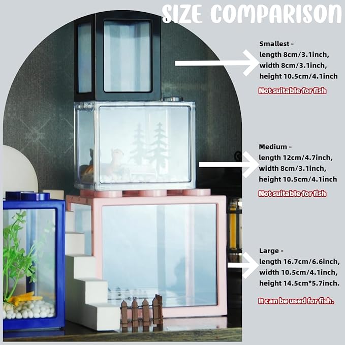 Small Sea Monkey Tank, Stackable Mini Betta Fish Tank Tinny Aquarium Kit with Aquarium Gravel, Moss Ball Tank Shrimp Tank 0.27 Gallon Acrylic Cube Fish Bowl for Shrimp Snails