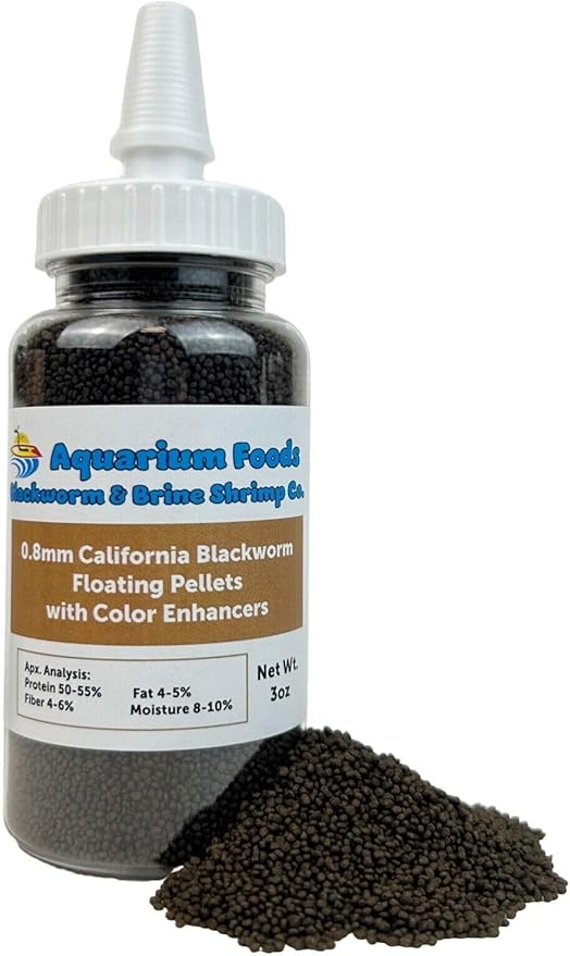 0.8mm Micro California Blackworm Floating Pellets w/Color Enhancers & Vitamins for Guppies, Tetras, Bettas, Nano Fish, All Baby Fish…3oz Squeeze Bottle