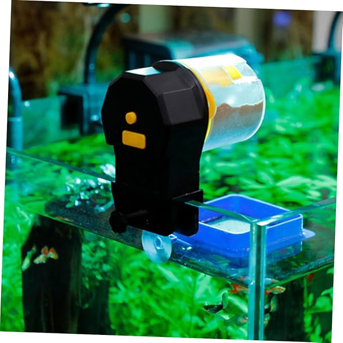 KALLORY Automatic Fish Feeder for Aquarium and Turtle Feeding, Adjustable Timer, Yellow Plastic, Suitable for Small Fish Tanks and Vacation Use, Battery Not Included