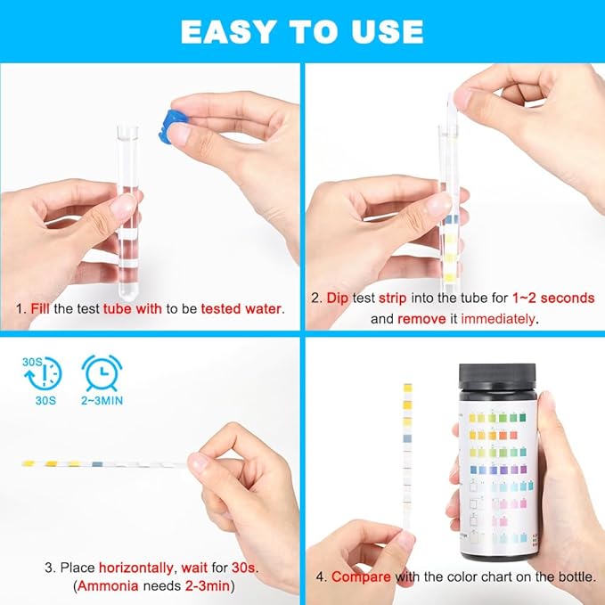DaToo 8 in 1 Aquarium Test Kit Fish Tank Test Strips Accurate Water Quality Testing Strips for Ammonia PH Total Alkalinity Carbonate Hardness Free Chlorine Nitrate Nitrite Temperature (50 Strips)