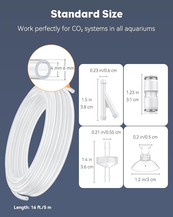 Pawfly 16 ft. Aquarium CO2 Proof Tubing Standard 3/16" Airline Tubing for Aquarium CO2 System Clear Aquarium CO2 Tubing Flexible Kink-Resistant PU Air Tubing with Suction Cups and Connectors
