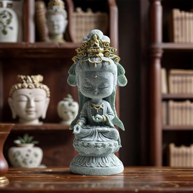 livelyfish Small Guanyin Buddha Statue Quanyin Figurine Sandstone Decorative for Fish Tank Aquarium Decor, Gold