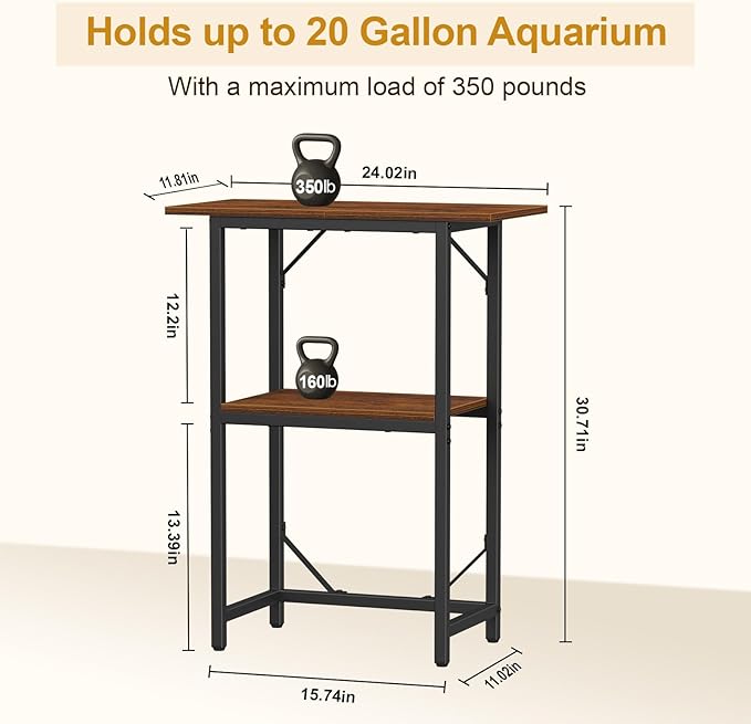 Snughome 10-20 Gallon Fish Tank Stand, Aquarium Stand 2-Tier Storage Shelves, Heavy Duty Terrarium Stand for Home Office Fish Tank Shelf, 24" L x 11.81" W x 30.71" H, Rustic Brown