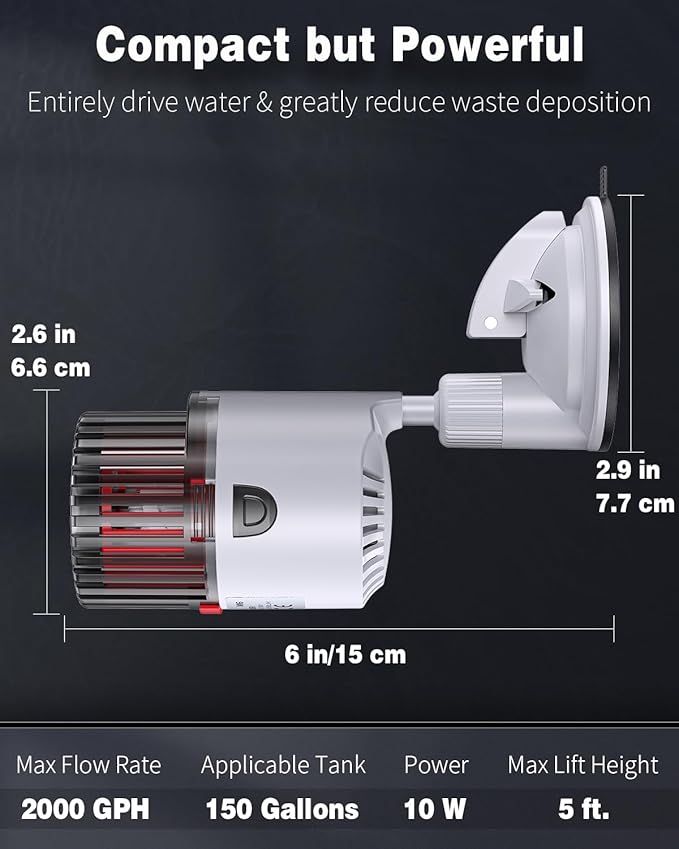 Pawfly Aquarium Wave Maker for Fish Tanks up to 150 Gallons 2000 GPH Adjustable Circulation Pump with Strong Suction Cup Base Submersible Power Head Water Pump for Freshwater and Marine Aquariums