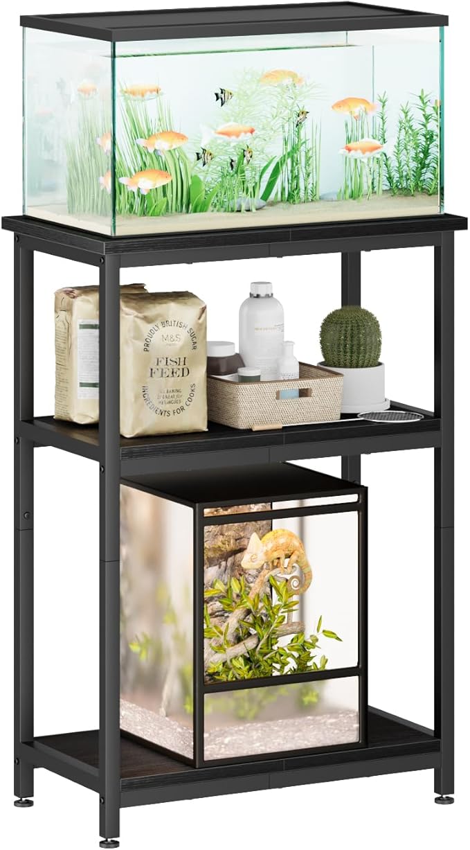 APPOLYN 5-10 Gallon Fish Tank Stand, Metal Aquarium Stand with Storage, 3-Tier Shelf Tank Stand, 10 Gallon Fish Tank Stand with 20.5" L x 11.4" W Tabletop, Black
