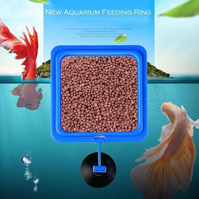 Fish Feeding Ring, Fish Floating Food Feeder with Suction Cup Square Shape Tank Feeder Aquarium Turtle Tank Accessories Food Goldfish, Turtle(Round,Black)