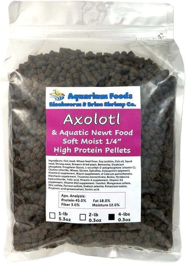 Axolotl Food, 1/4" Soft Moist Sinking Pellets, Rangen's Salmon Meal Pellets for Adult Axolotl. Also Shrimp, Snails, Crabs, Bottom Fish, All Tropical Fish…4-lbs 0.3oz Clear Bag