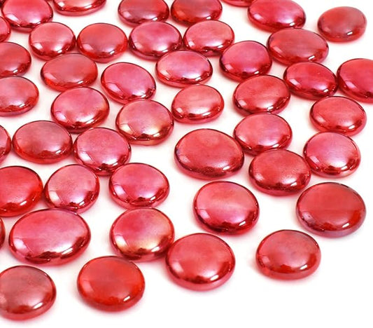 Flat Glass Marbles 1lb, 100PCS Red Flat Gems Glass Beads for Vase Filler Garden Aquarium Tank Pebbles Table Floral Decoration