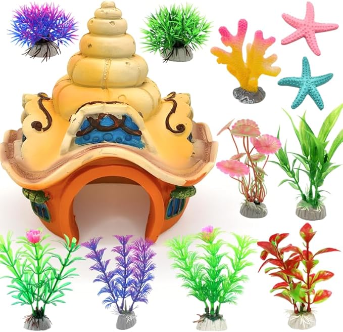 Fish Tank Decorations kit, Aquarium Decor Sea Shell House x 1pc, Fish Tank Accessories Aquatic Plants x 8pcs, Starfish x 2pcs, Coral x 1pcs.