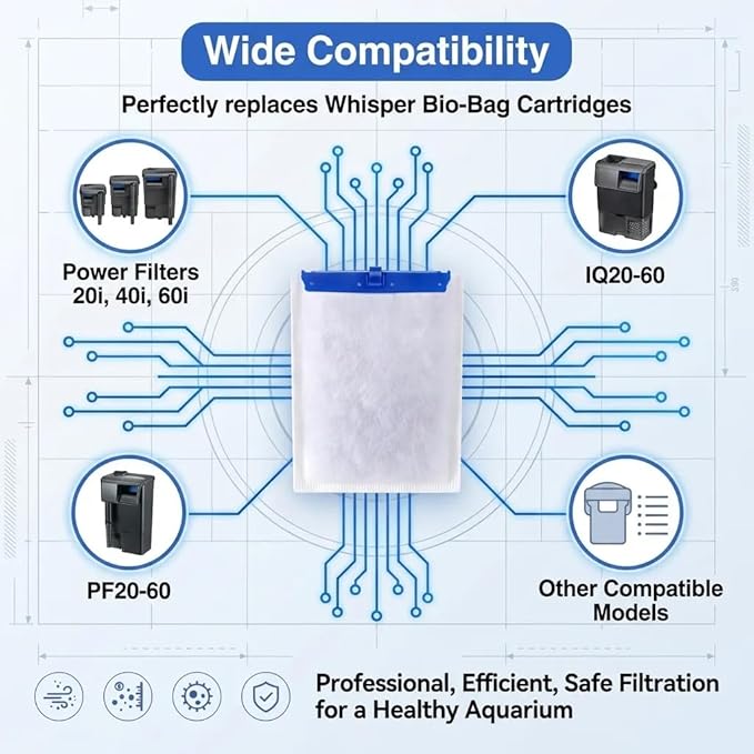 16-Pack Large Replacement Filter Cartridges, Compatible with Tetra Whisper Bio-Bag Filters, Fits for Whisper 20i/40i/IQ20/30/45/60 & PF20/30/40/60 Power Filters 200/350