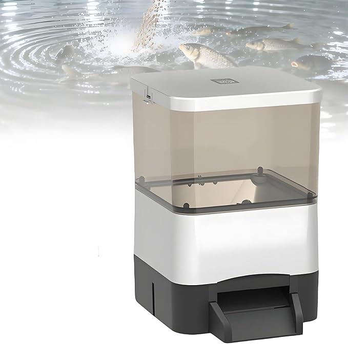 Automatic Pond Fish Food Dispenser, Auto Timed Koi Pellet Feeder, 10 L Large Capacity Support WiFi and Solar Panel Charging for Pond Indoor & Outdoor, Animal-Proof(Silver)