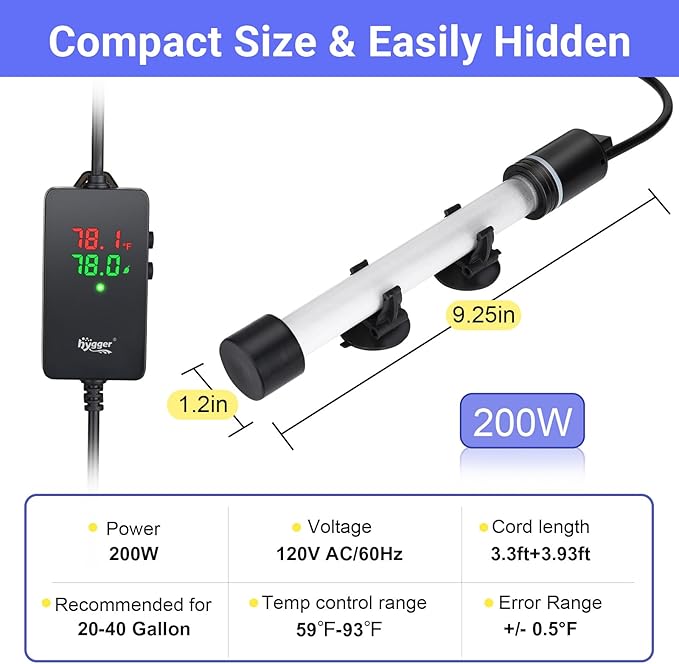 hygger ECO Precise Aquarium Submersible Heater, 200W for 20-40 Gallon Fish Tank Heater with Digital Display Adjustable Controller for Saltwater Freshwater