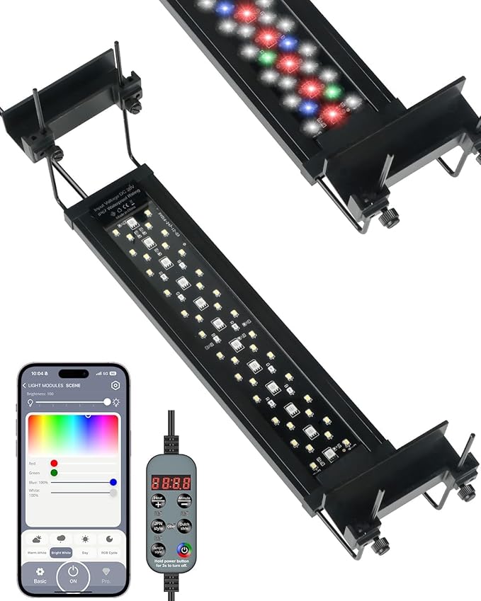 Pawfly Aquarium Light for Plants, 14 W Bluetooth Fish Tank Light, Full Spectrum Aquarium Lights for 12"-18" Fish Tanks, Extendable 24/7 LED Lights with Timer Modes & Adjustable Brightness