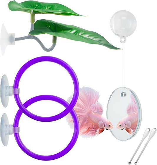 Betta Fish Toy Set: Betta Training Floating Mirror, Training/Feeding Ring, Spoon, and Resting Leaf. Promotes Exercise. Betta Toys, Resting & Feeding Kit, Purple