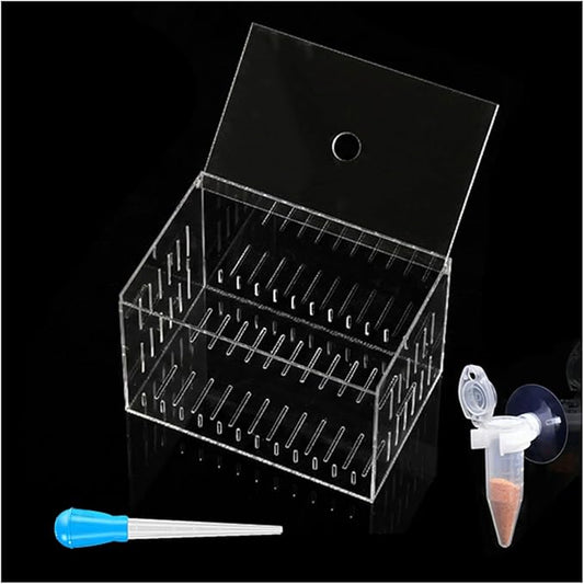 Acrylic Fish Tank Isolation Box 6"x4"x4" - No Assembly - Clear View Breeding Hatchery with Suction Cups & Feeding Kit (Fish Feeder - Pipette Included