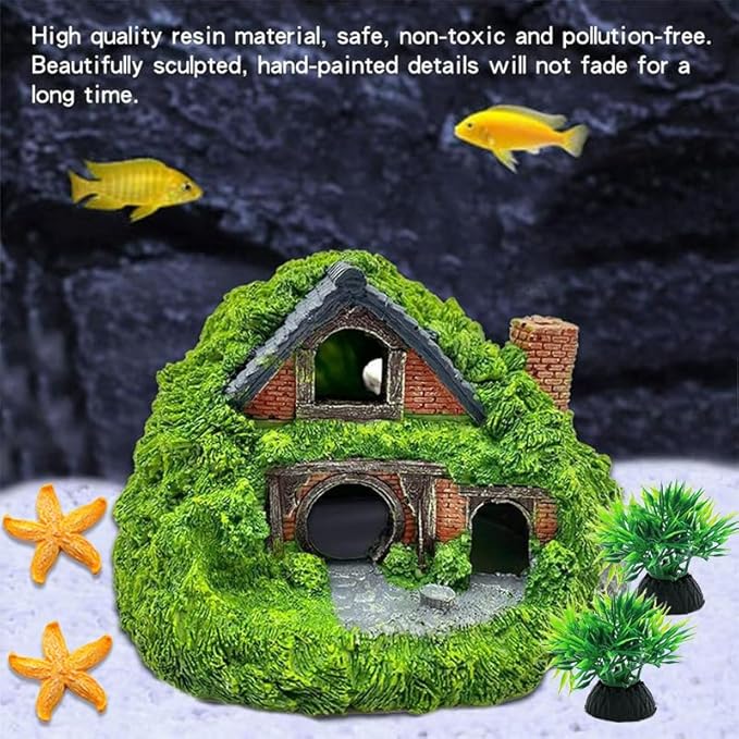Fish Tank Decorations kit, Aquarium Decor Hobbit House x 1pc, Fish Tank Accessories Aquatic Plants x 2pcs, Starfish x 2pcs.